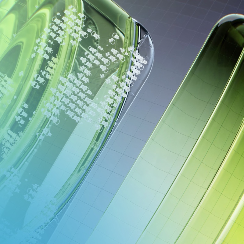 Abstract green glass shapes with streaming code suggesting speed and competition